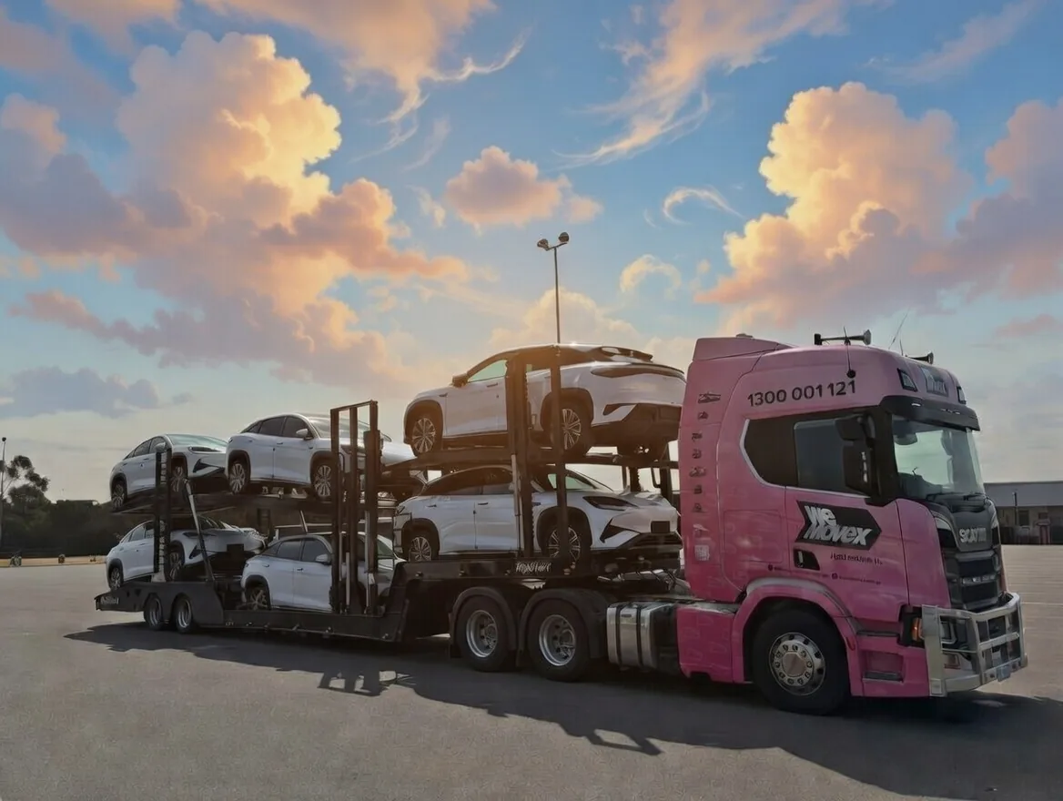 A pink WeMoveX car carrier loaded with vehicles